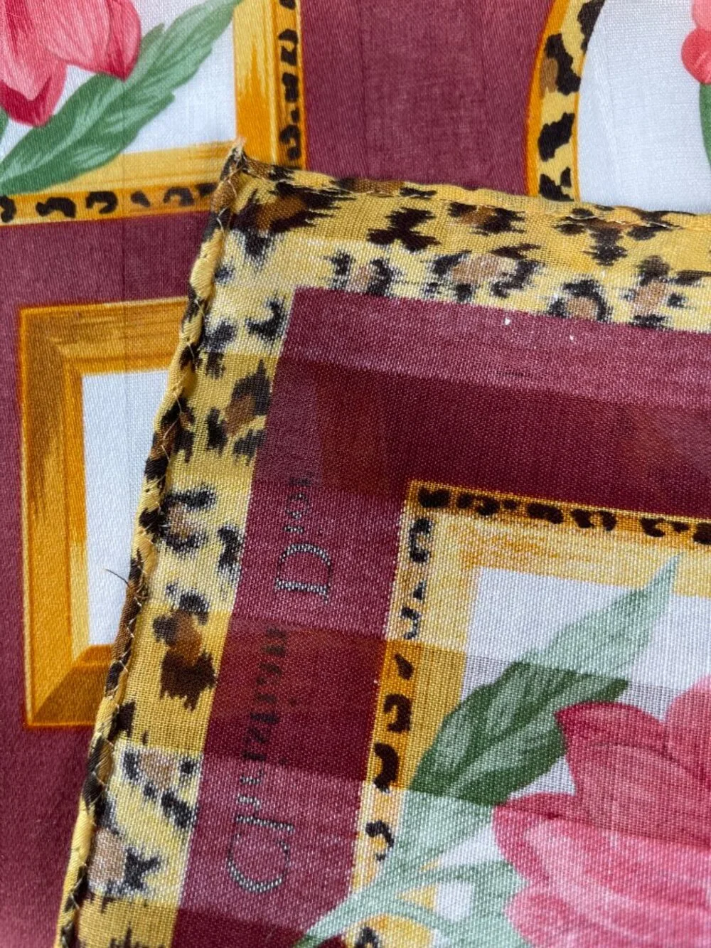 NWOT Vintage Christian Dior Floral Leopard Frame Cotton Scarf 19